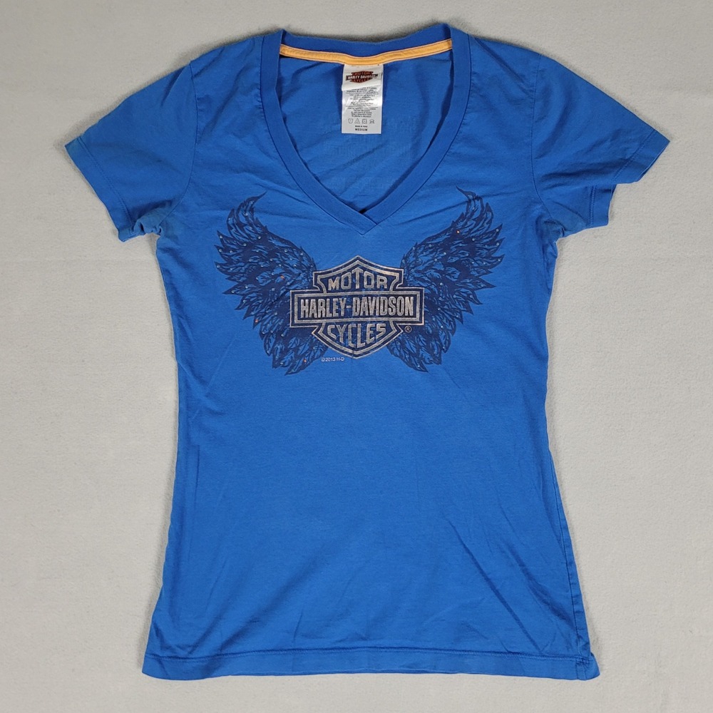 Harley-Davidson T-Shirt Womens Medium Blue Winged Graphic Slim Fit Cotton V-Neck